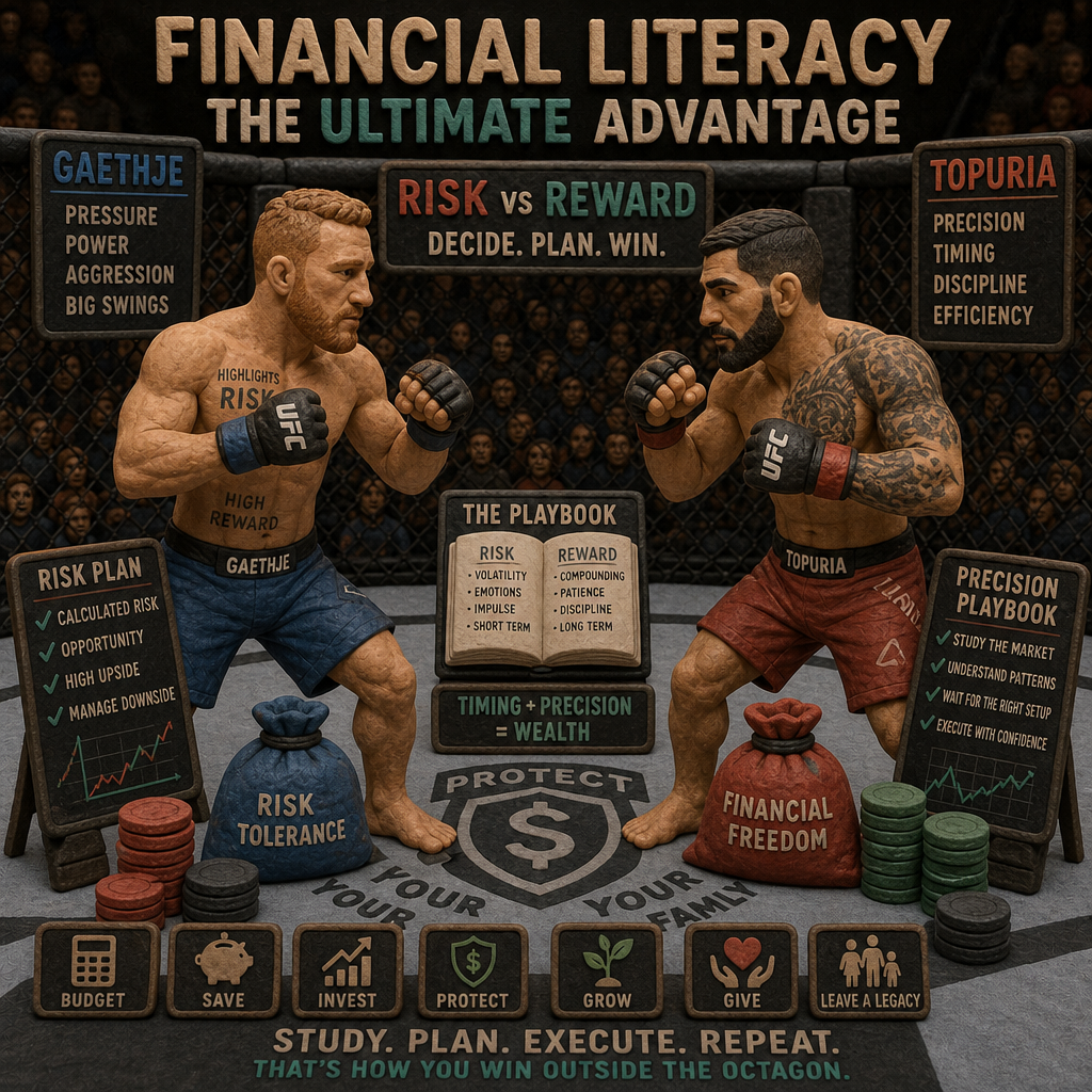 Clay animation of Justin Gaethje and Ilia Topuria inside an octagon studying financial playbooks, symbolizing MMA Money Mindset, risk vs reward, and Kern County life insurance near me strategies for disciplined financial literacy.