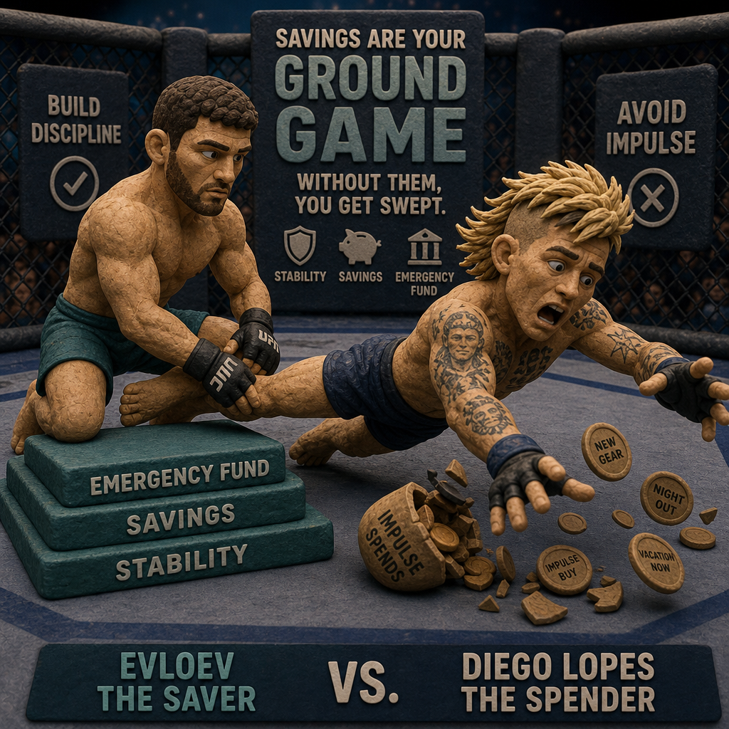 Clay animation of Movsar Evloev and Diego Lopes facing off inside an octagon, symbolizing disciplined savings versus risky spending and the importance of building a financial ground game for family protection.