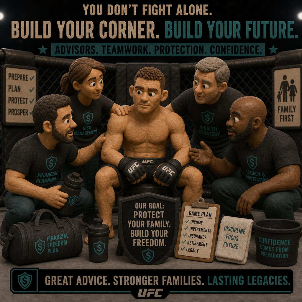 Clay animation of an MMA fighter in his corner surrounded by coaches symbolizing financial advisors, teamwork, and family protection, illustrating how expert guidance builds confidence and long‑term financial security.