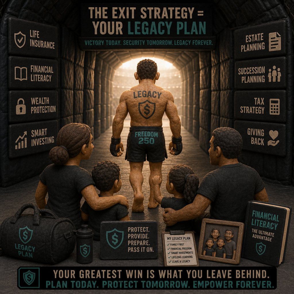 Clay animation of an MMA fighter walking toward the tunnel light after a fight, symbolizing legacy planning, succession, and protecting family wealth through life insurance and financial literacy.