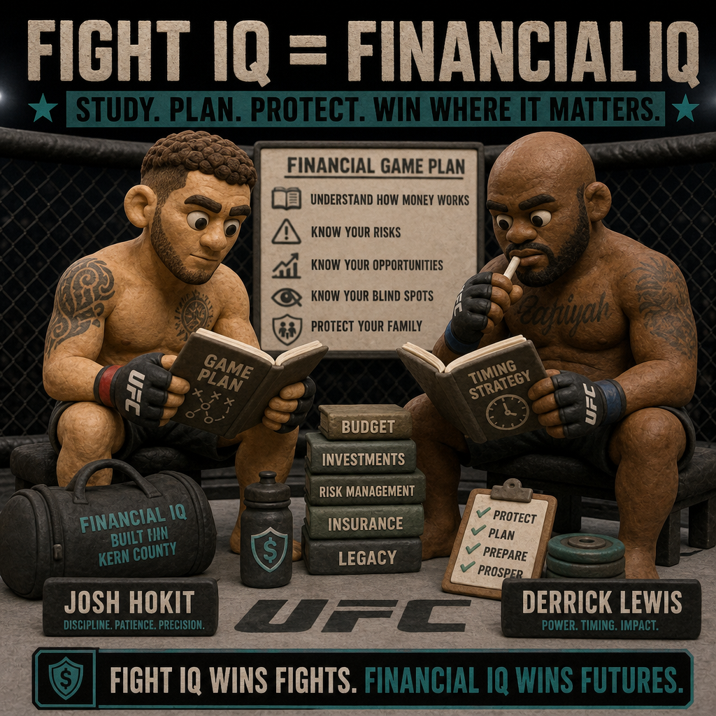 Clay animation of Josh Hokit and Derrick Lewis inside an octagon studying financial playbooks, symbolizing Fight IQ, Financial IQ, smart decision‑making, and the importance of understanding money, risks, opportunities, and family protection.