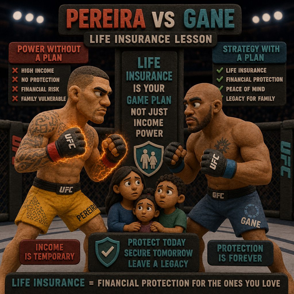 Clay animation of two MMA fighters inspired by Alex Pereira and Ciryl Gane facing off in an octagon, symbolizing income power versus financial planning and the importance of life insurance protection.