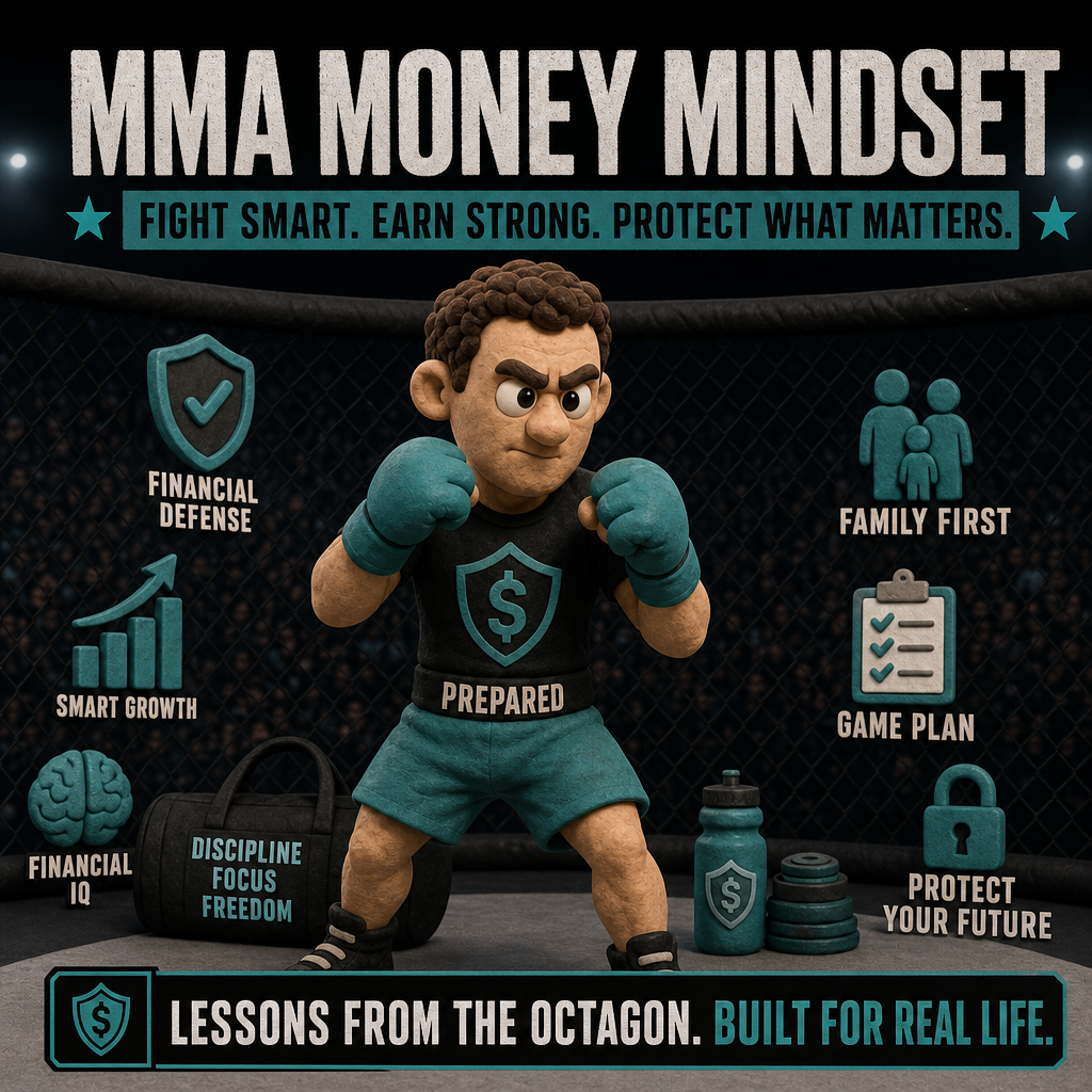 mma-money-mindset-life-insurance-blog-header.jpg Clay animation‑style MMA fighter standing in an octagon wearing teal gear with a dollar‑sign shield labeled “Prepared,” surrounded by icons connecting martial arts discipline to financial principles such as smart growth, financial defense, and family protection, symbolizing the “MMA Money Mindset” of fighting smart, earning strong, and protecting what matters.